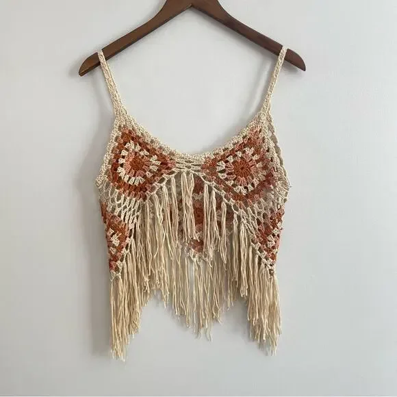 Vintage | Handmade Crocheted Sleeveless Tank Boho Tassels Festival Fringe Top S - Picture 1 of 6